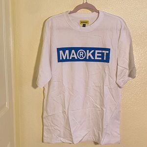 NWOT MARKET White Short Sleeve Tee with Blue Logo Graphic, Size L